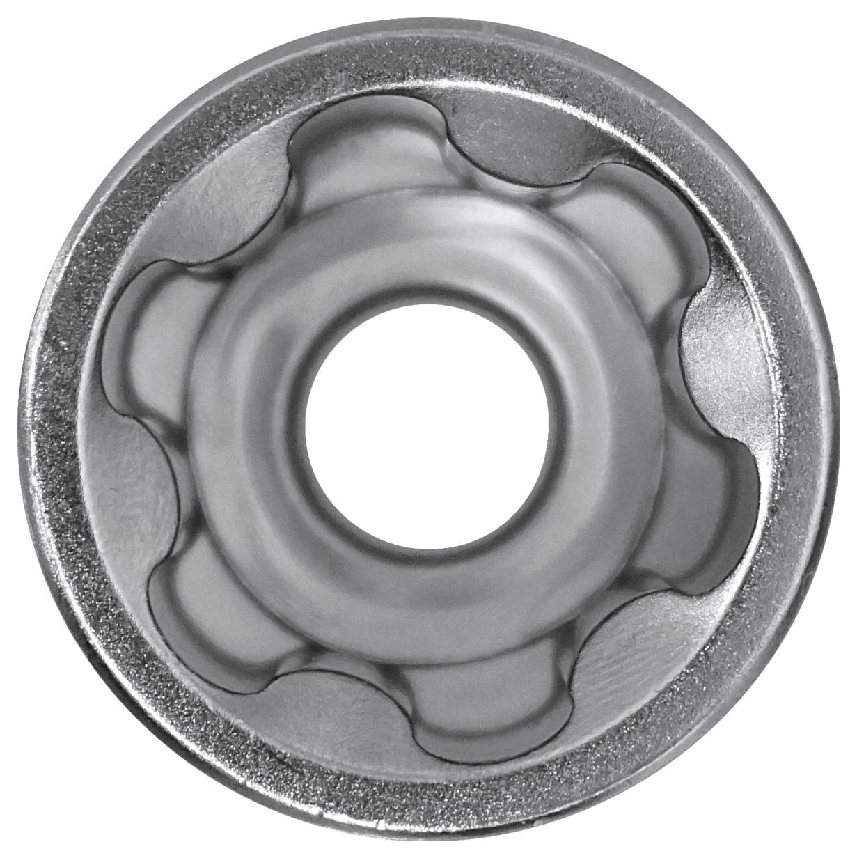 Ein silbernes, rundes zahnradähnliches Metallobjekt mit einem zentralen Loch und sechs wellenförmigen Vorsprüngen um seinen Rand.