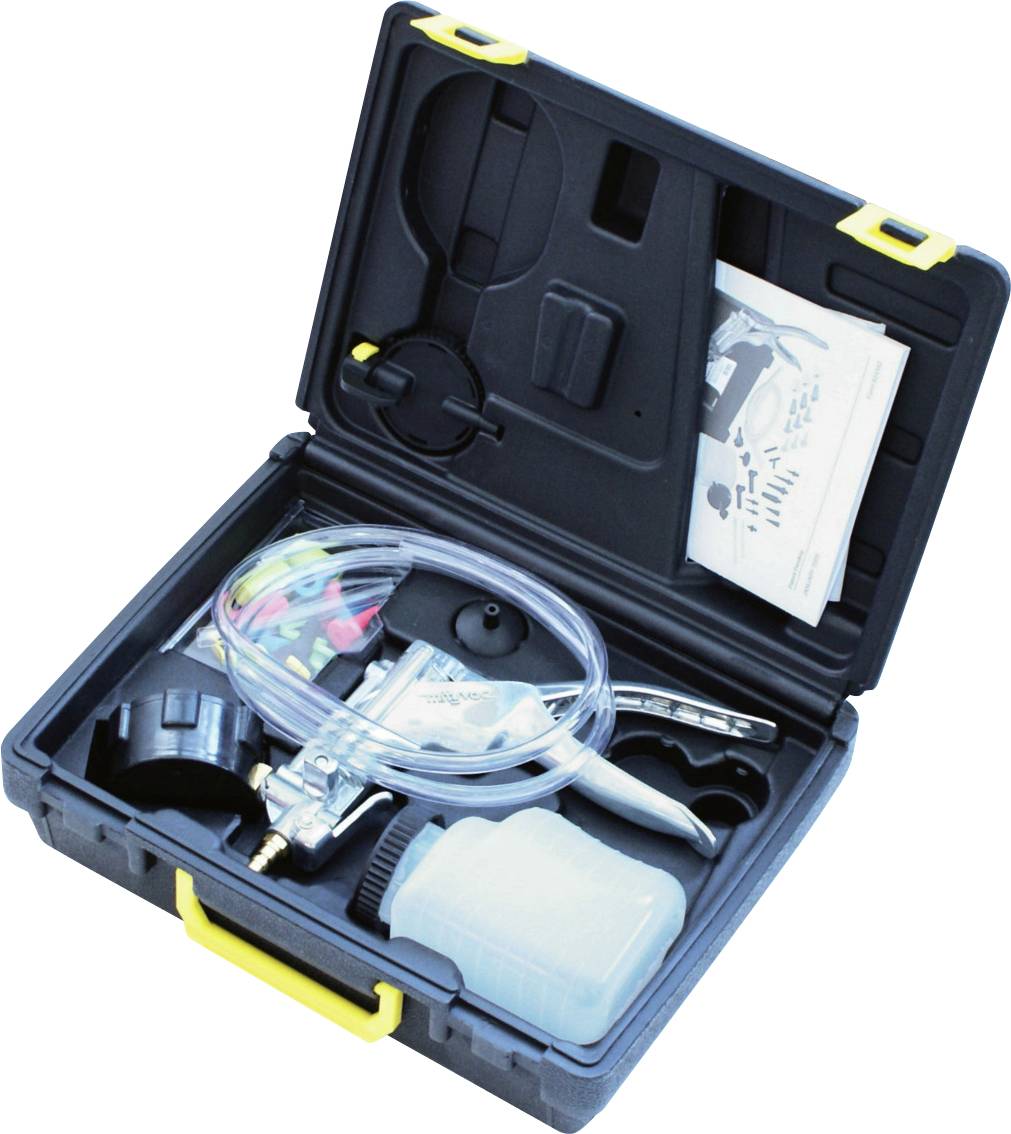Offener Kunststoff-Transportkoffer mit einem Bremsflüssigkeits-Entlüftungsset, bestehend aus verschiedenen Aufsätzen, einem durchsichtigen Flüssigkeitsbehälter und einer Anleitung.