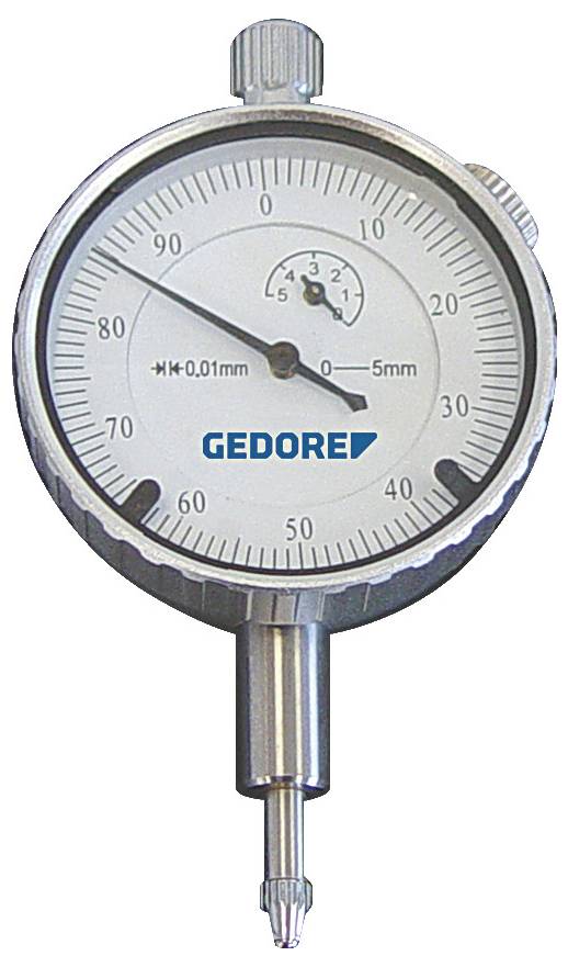 Eine Messuhr mit Messbereich von 0 bis 100, mit 'GEDORE' in der Mitte und einer kleinen Nebenskala mit Beschriftung 0-5 mm.