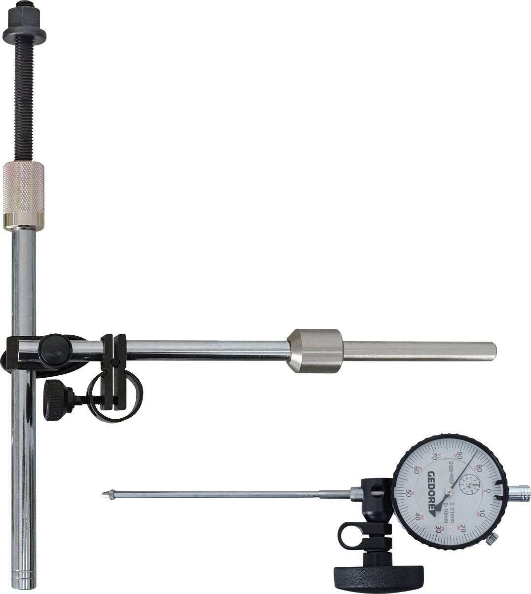 Ein Messuhr mit magnetischer Grundplatte zur Anzeige von Präzisionsmessungen für Konstruktion oder Bearbeitung.