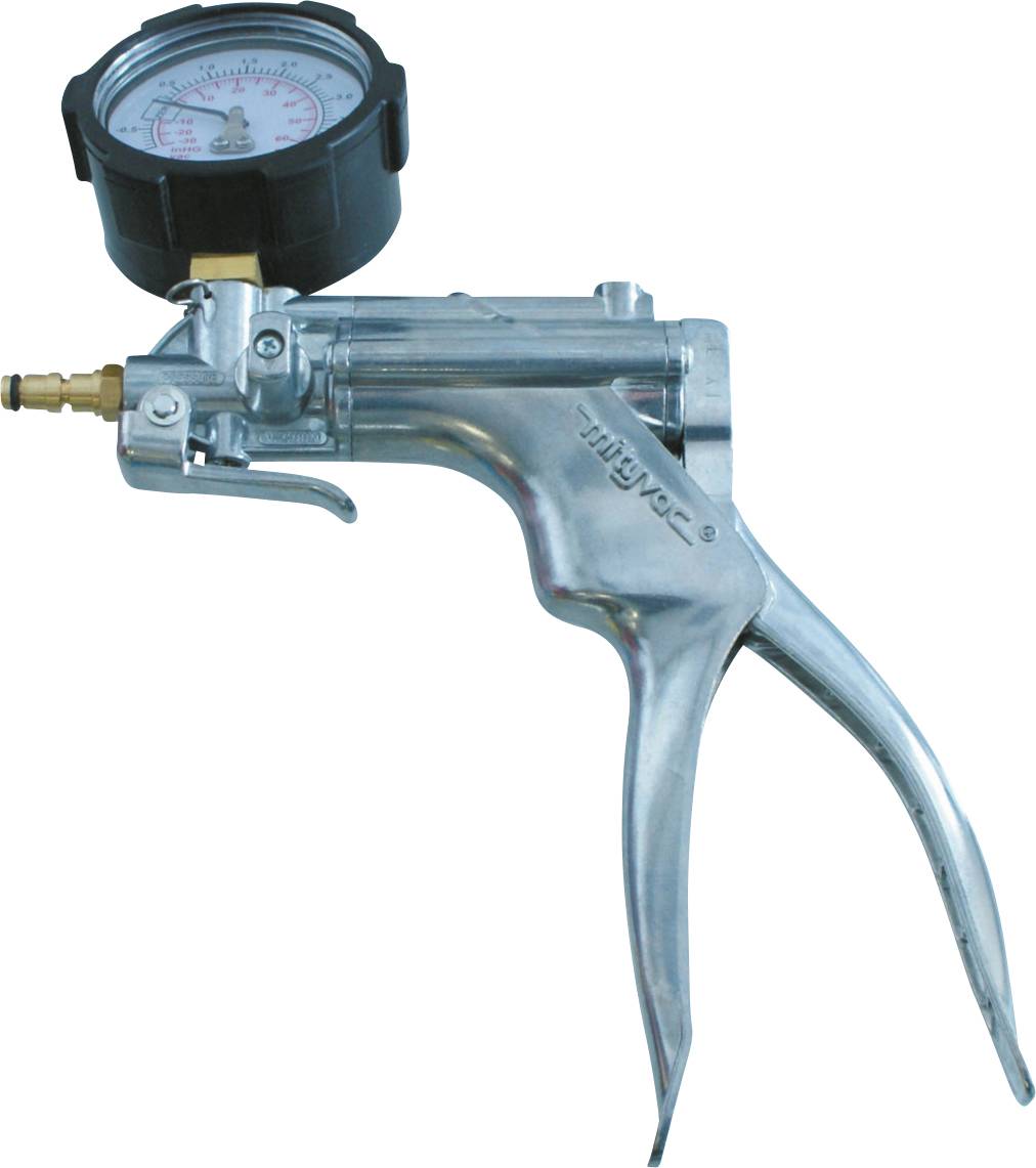 Eine handbetriebene Metallvakuumpumpe mit Druckmesser oben, verwendet zum Testen und Diagnostizieren in Automobil- oder mechanischen Anwendungen.