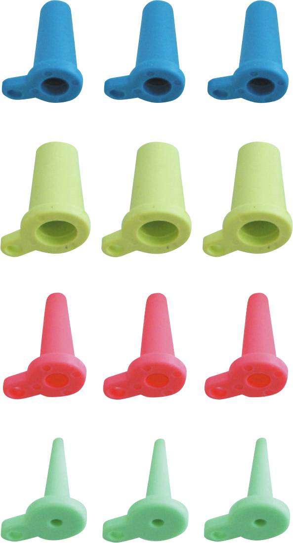 Vier Sätze aus Kunststoffdüsen in Blau, Grün, Rot und Blaugrün in Reihen angeordnet, jede mit einer seitlichen Lasche zur Befestigung.