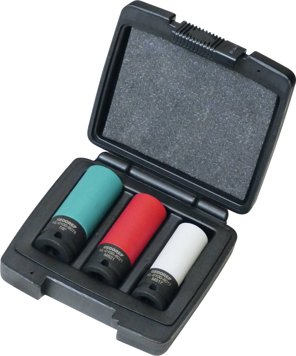 Ein schwarzes Etui mit sechs weißen und schwarzen zylindrischen Objekten, die üblicherweise als Kfz-Reifenschraubersockel verwendet werden, ordentlich in Schaumstoffpolsterung angeordnet.