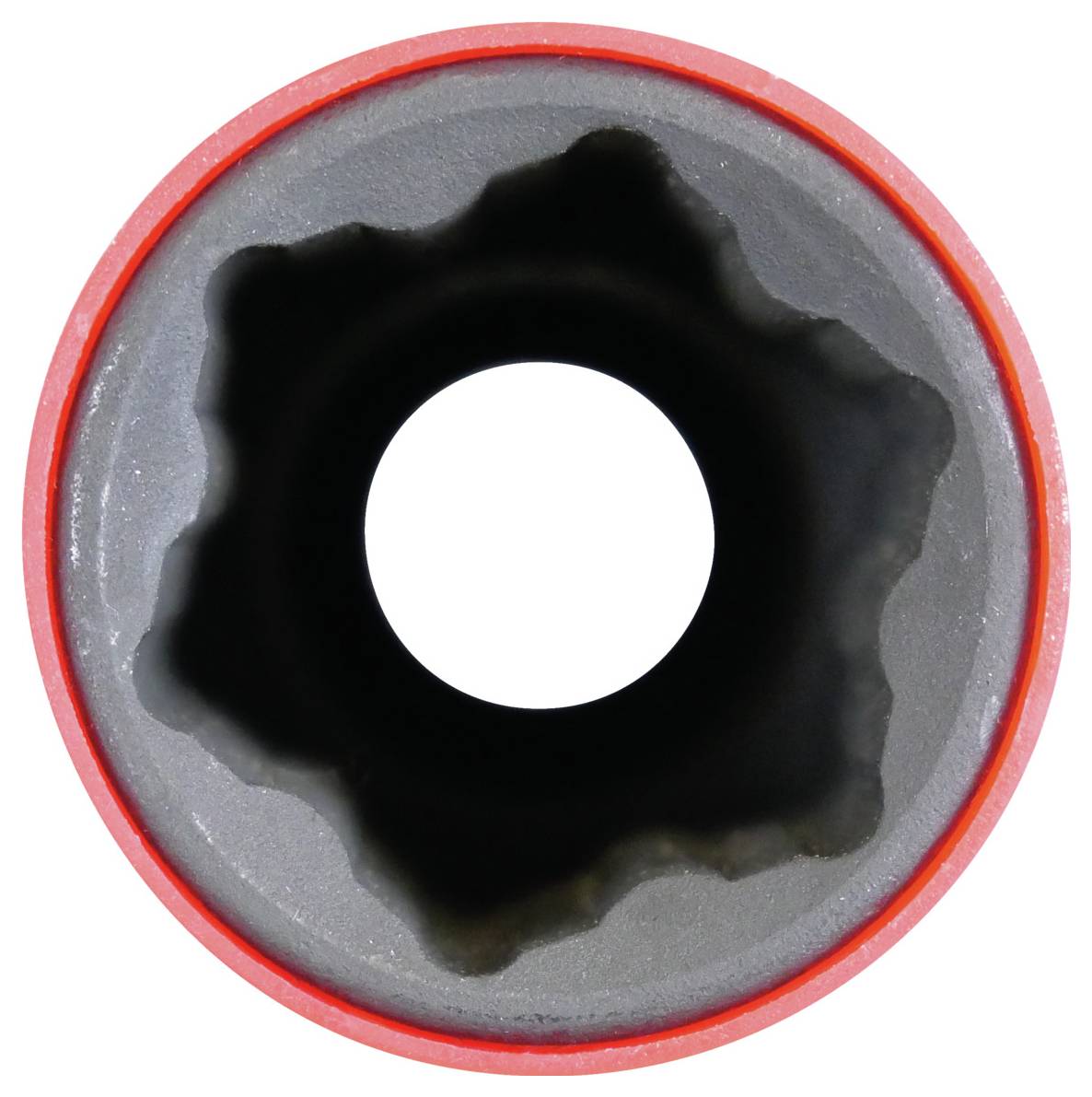 Nahaufnahme eines roten Steckschlüssels mit sechseckiger Innenform, die zum Greifen und Drehen von Bolzen ausgelegt ist.