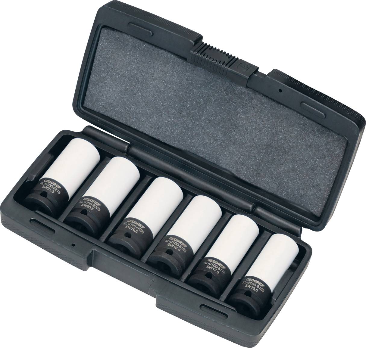 Ein schwarzer Kunststoffkoffer mit sechs weißen Steckschlüsseln, die ordentlich darin angeordnet sind.