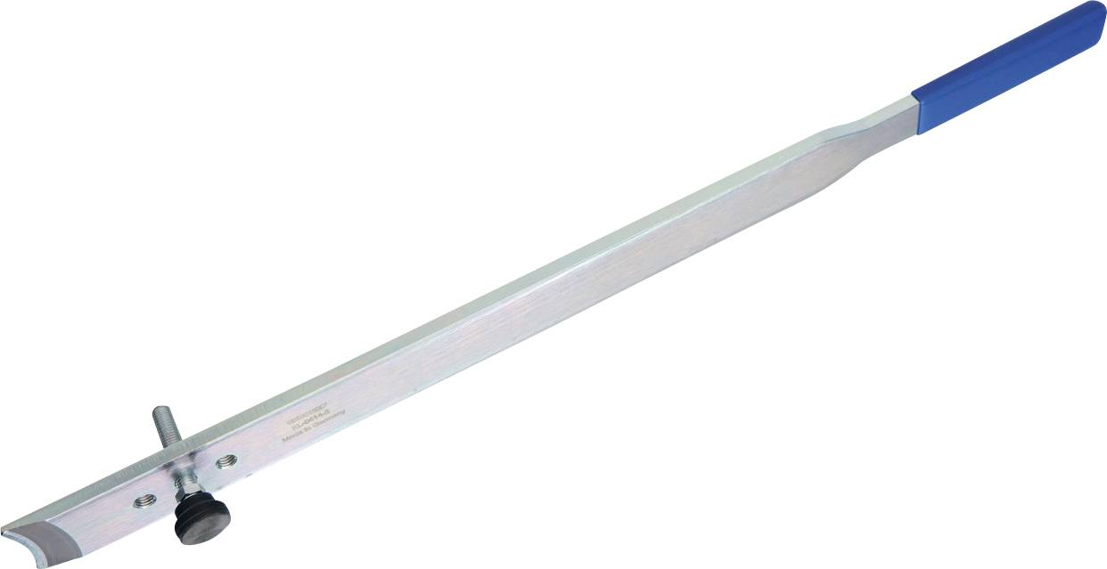 Ein Silberdrehwerkzeug mit blauem Griff und verstellbarer Schneidkante, das zum Formen von Holz auf einer Drehmaschine verwendet wird.