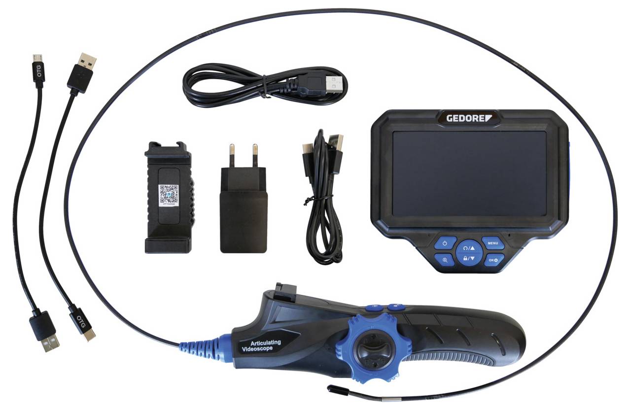Ein Inspektionskamera-Set einschließlich eines tragbaren Artikulationsvideoskops, eines Displays, einer Batterie, eines Ladegeräts und USB-Kabeln für die Konnektivität.