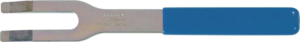 Ein gabelförmiges Werkzeug mit blauem Griff, wahrscheinlich zum Heraushebeln oder Ziehen von Objekten verwendet. Es hat zwei flache Metallzinken am Ende.