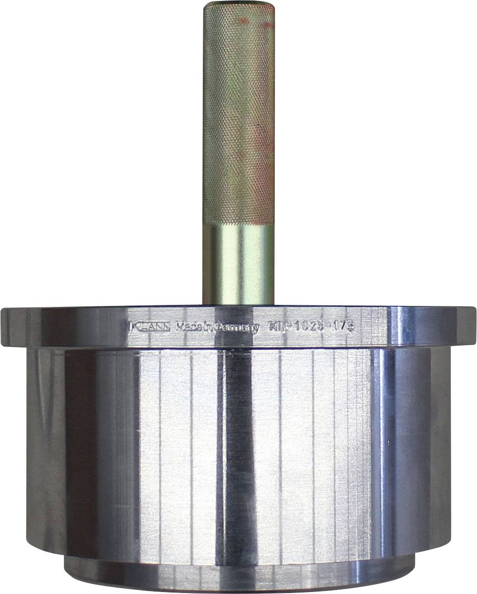 Ein metallisches zylindrisches Objekt mit einem Griff, der von oben herausragt, mit einer glatten, polierten Oberfläche.