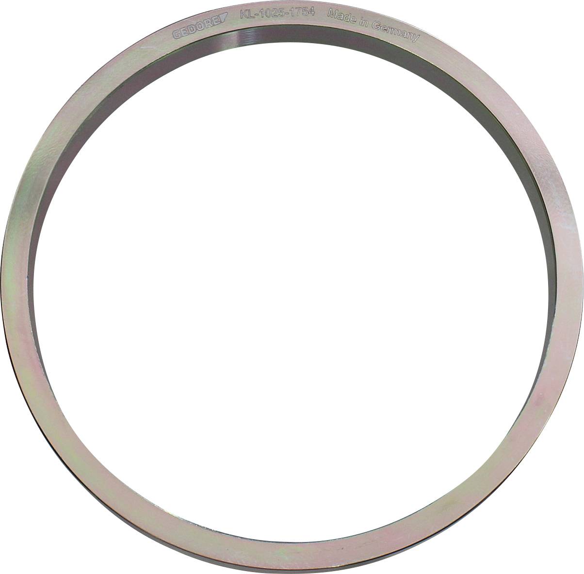 Ein kreisförmiger Metallring mit eingraviertem Text entlang der oberen Kante. Die Oberfläche wirkt glatt und metallisch, was darauf hindeutet, dass es sich möglicherweise um ein Bauteil oder eine Komponente handelt.