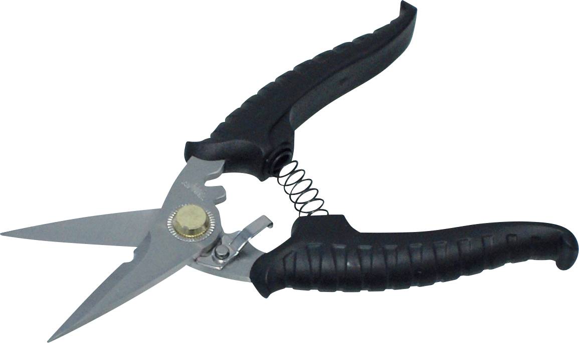 Gartenschere mit schwarzen ergonomischen Griffen und scharfen, spitzen Klingen, verwendet zum Schneiden von Pflanzen und kleinen Ästen.