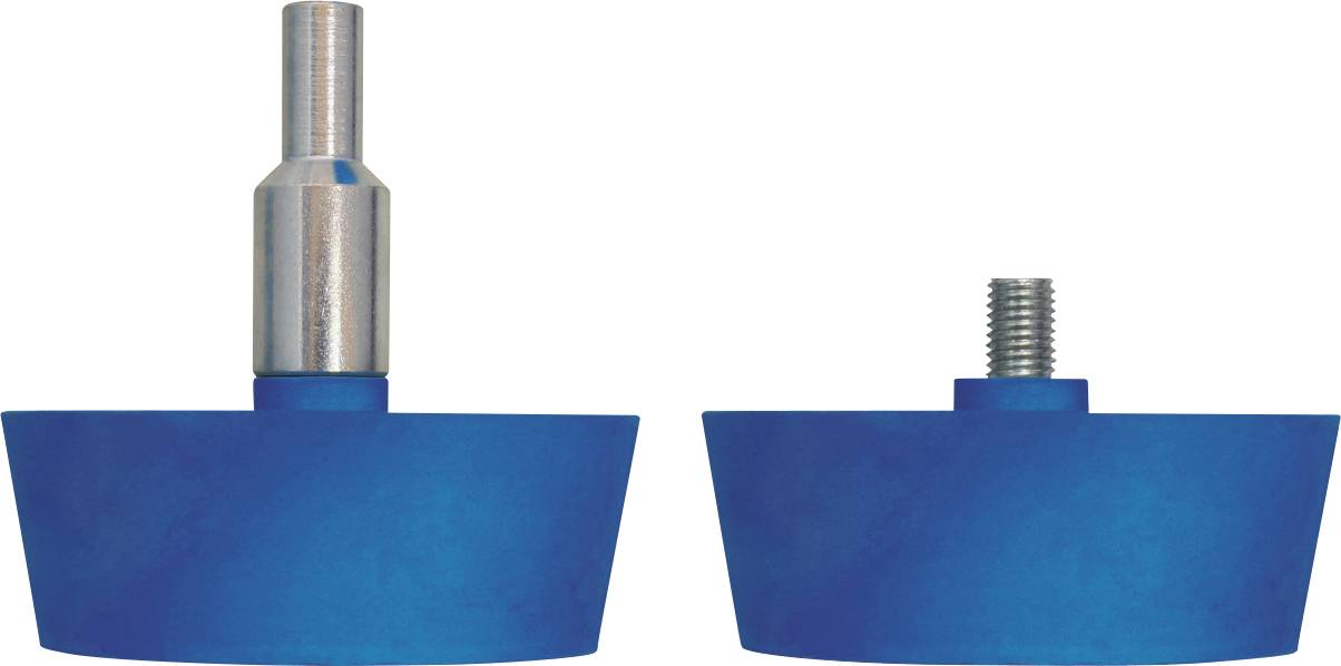 Zwei blaue Schleiftrommel aus Gummi mit Metallschäften; einer mit konischem Schaft und einer mit Gewinde-Schaft.