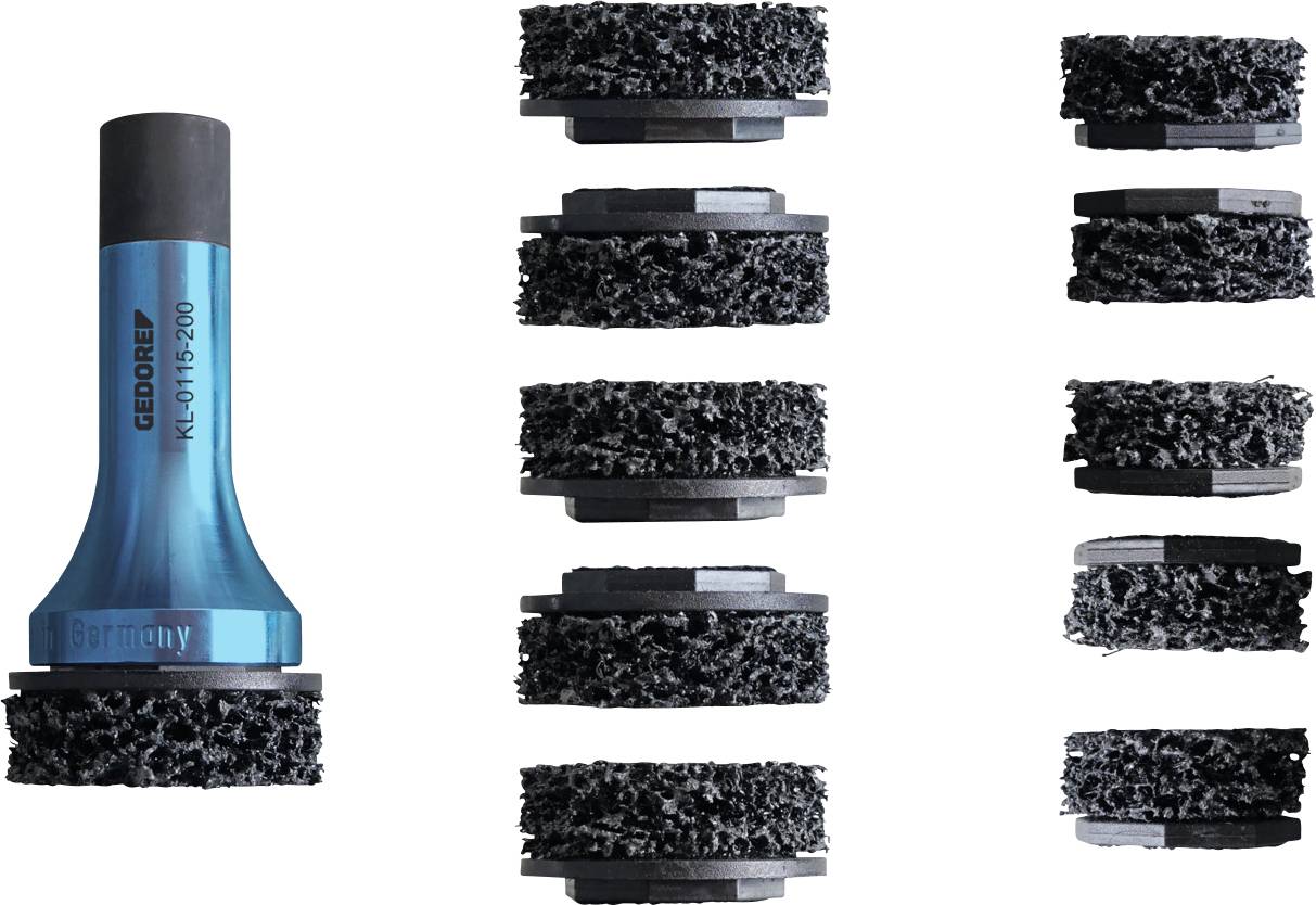 Ein blaues Handentgratingswerkzeug mit mehreren austauschbaren Schleifpads, das aus verschiedenen Blickwinkeln gezeigt wird und seine Funktionalität demonstriert.