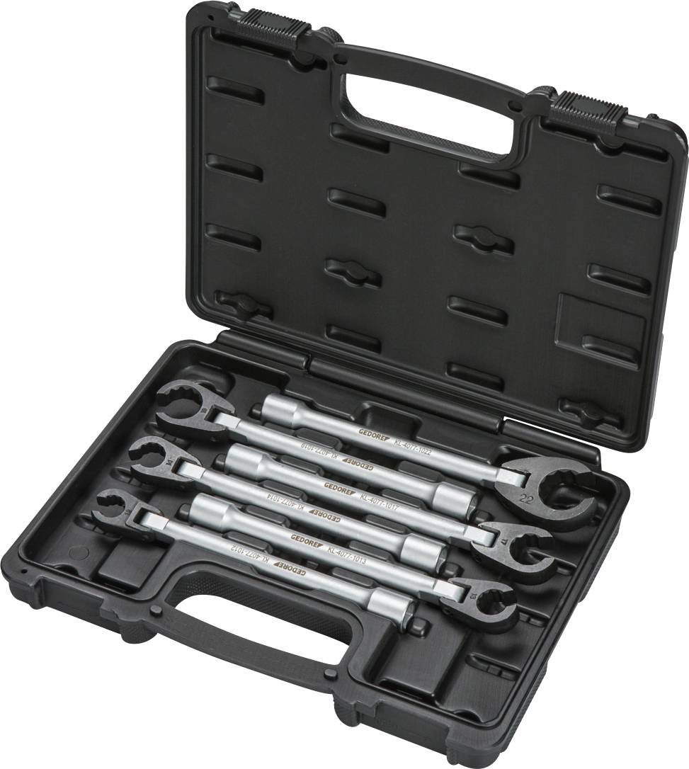 Ein schwarzes Kunststoffgehäuse mit vier silbernen Ratschenschlüsseln, ordentlich angeordnet mit einem Griff zum einfachen Tragen.