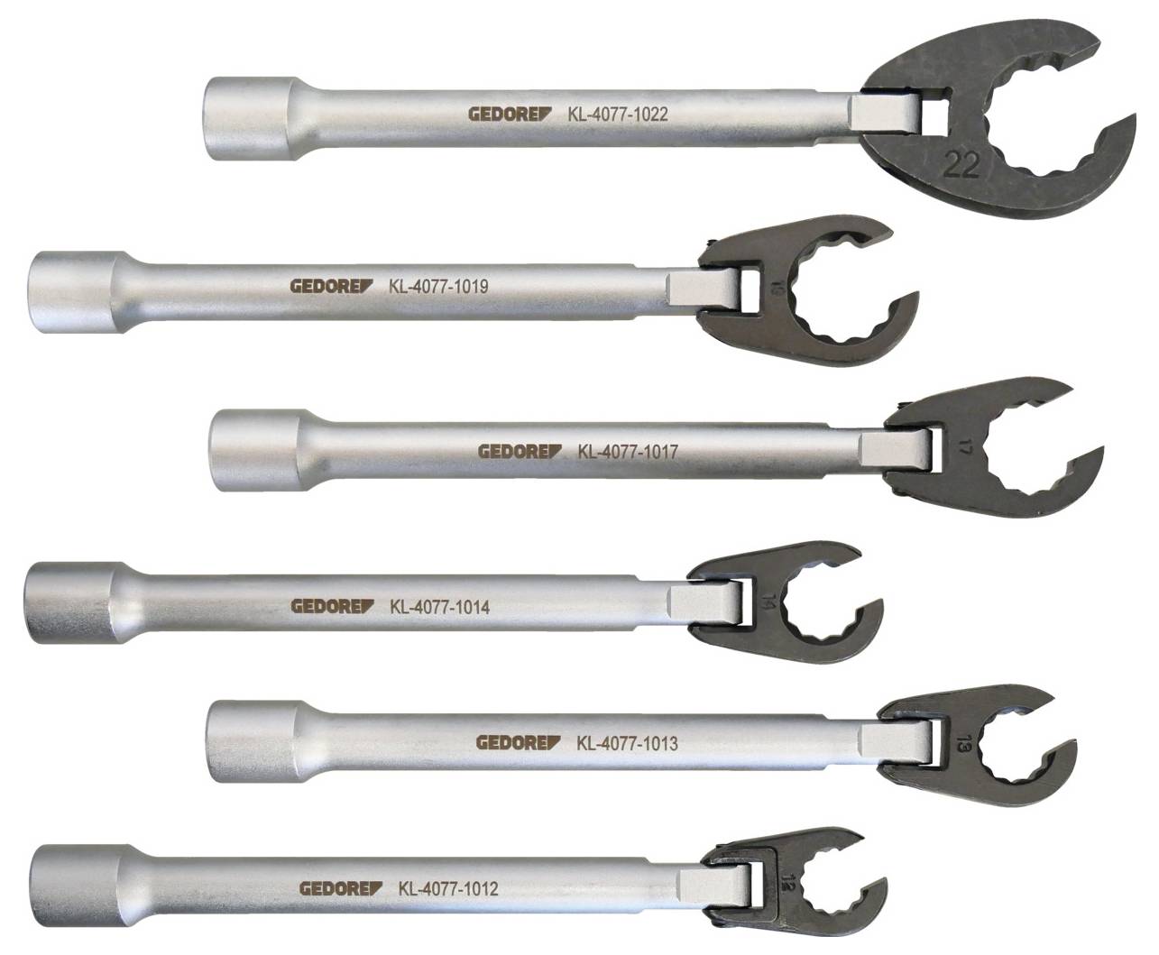 Fünf metallische, verstellbare, spezialisierte Schraubenschlüssel in unterschiedlichen Größen, gekennzeichnet mit „GEDOREP KL-4077