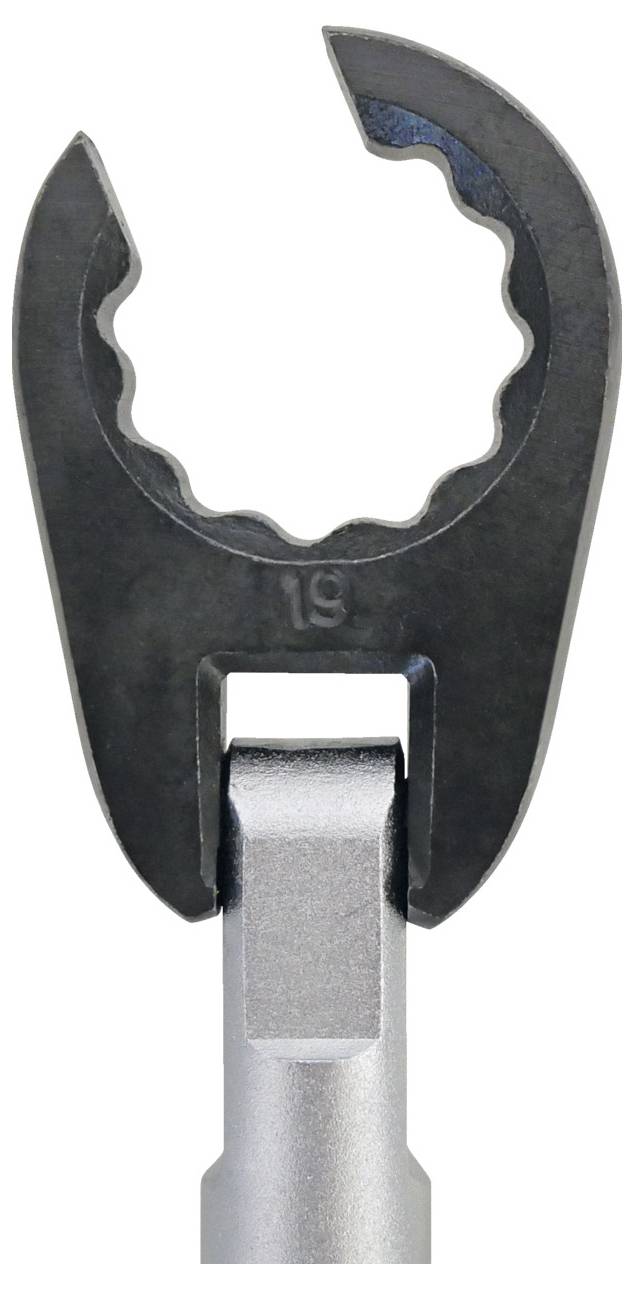 Ein Metallschlüsselkopf mit halbkreisförmigem offenem Design und eingravierter Nummer „19