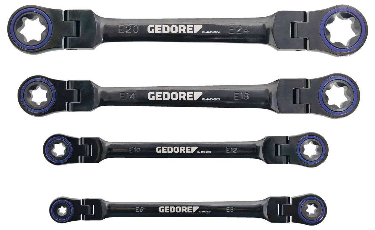 Vier doppelendige Ratschenschlüssel in verschiedenen Größen mit der Bezeichnung „GEDORE