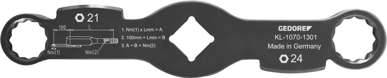 Ein schwarzer Gabelschlüssel in verschiedenen Größen mit der Bezeichnung „GEDORE KL-1070-1301 Made in Germany