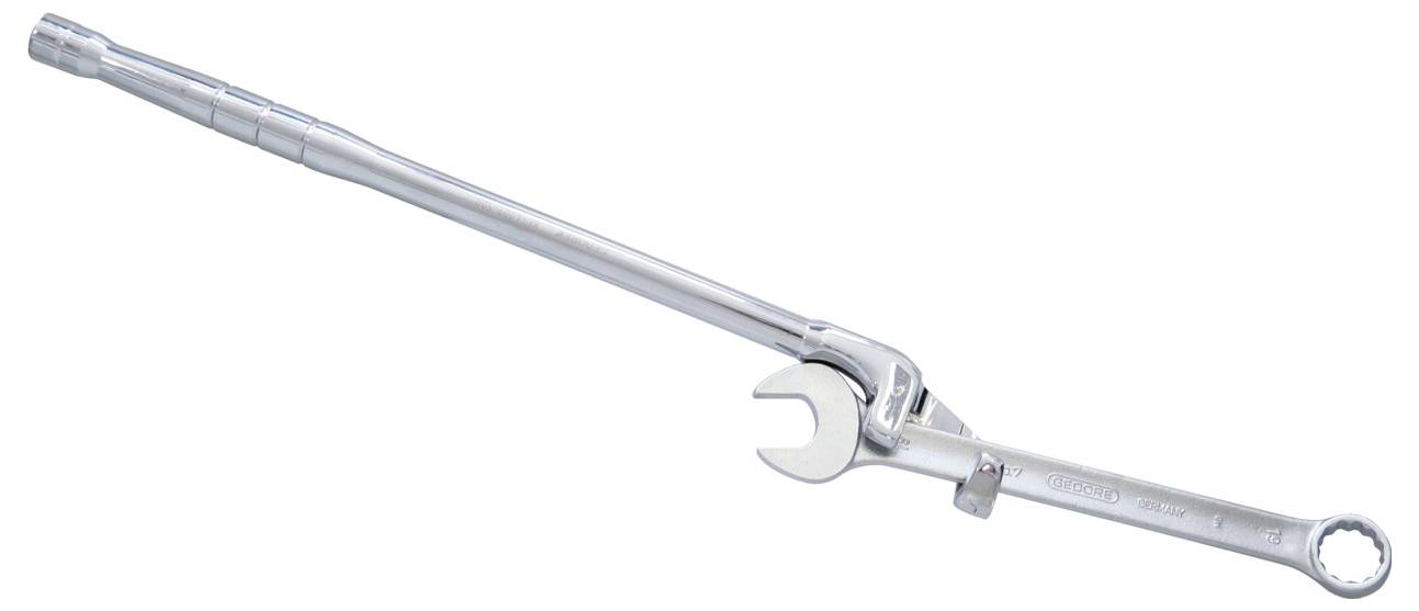 Ein langer, silberner verstellbarer Schraubenschlüssel mit Steckschlüsseleinsatz und Gabelende, entworfen zum Anziehen oder Lösen von Bolzen und Muttern.