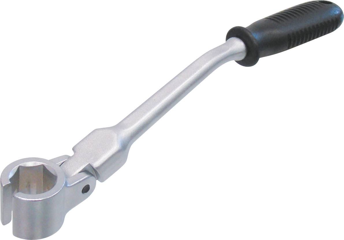 Eine silberfarbene Zündkerzensteckernuss mit schwarzem Gummigriff, entwickelt zum einfachen Ausbauen und Einbauen von Zündkerzen in Fahrzeugen.