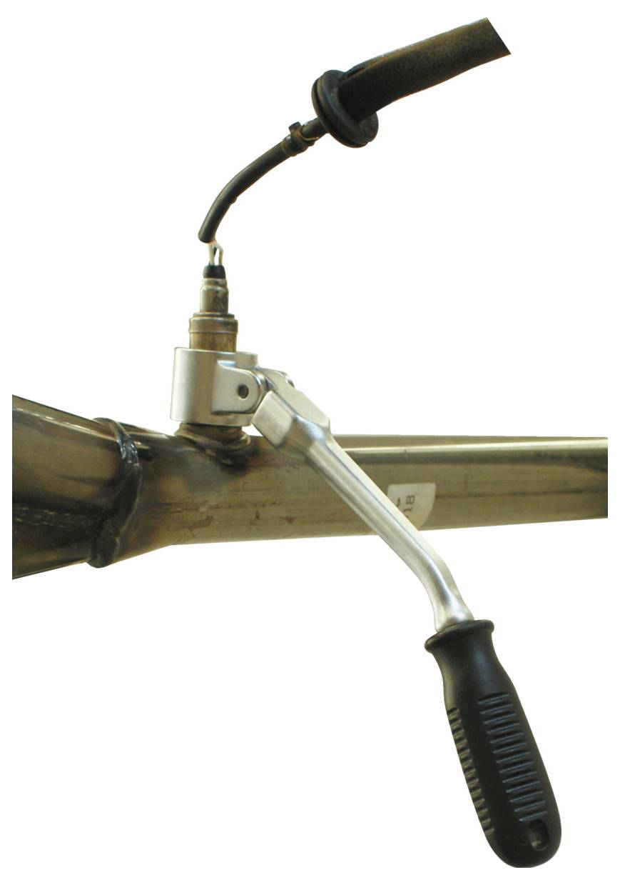 Ein silberner Kurbelhebel, der an einem Metallrahmen befestigt ist und durch ein schwarzes Kabel mit einem gepolsterten Griffschutz oben verbunden ist.