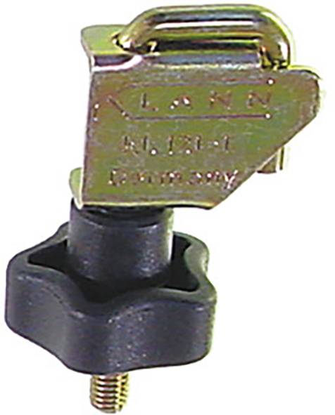 Eine Messingschlüsselklemme mit schwarzer Gummibasis, verwendet zum Sichern von Gegenständen oder Objekten.