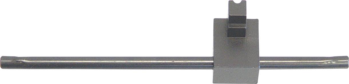 Eine quadratische Metallkonstruktion mit einer vorstehenden, kurzen zylindrischen Stange und einer angebrachten aufrechten rechteckigen Halterung.