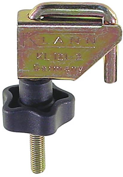 Eine metallische Klann KL-1312 Schraubzwinge mit Gewindeschraubenfuß und schwarzem Spannknebel, mit der Kennzeichnung 