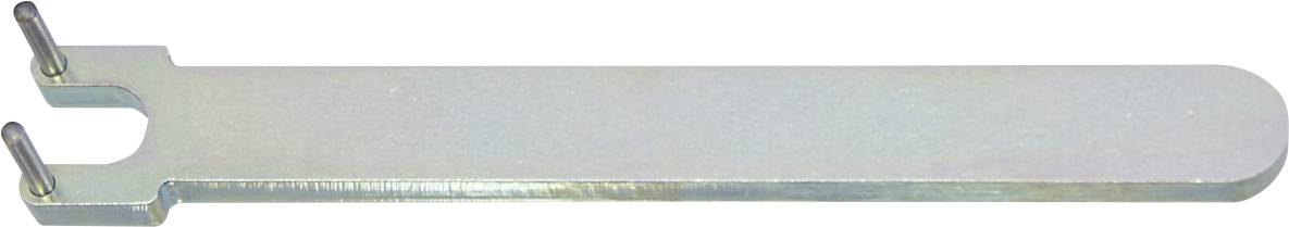 Ein flaches Metallwerkzeug mit einer gekerbten Spitze, das zwei vorstehende Stifte aufweist und für spezifische mechanische Einstellungen oder Arbeiten verwendet wird.