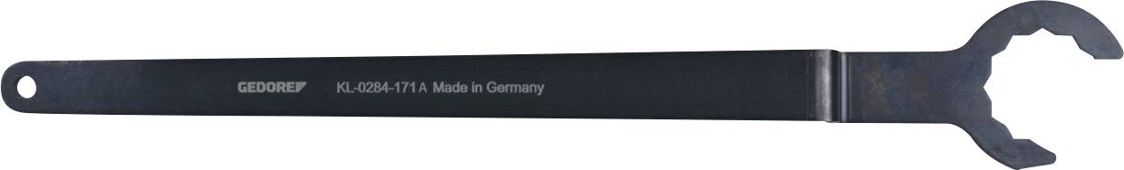 Ein schwarzer Metallschlüssel mit einer kreisförmigen Öffnung, mit der Marke „GEDORE