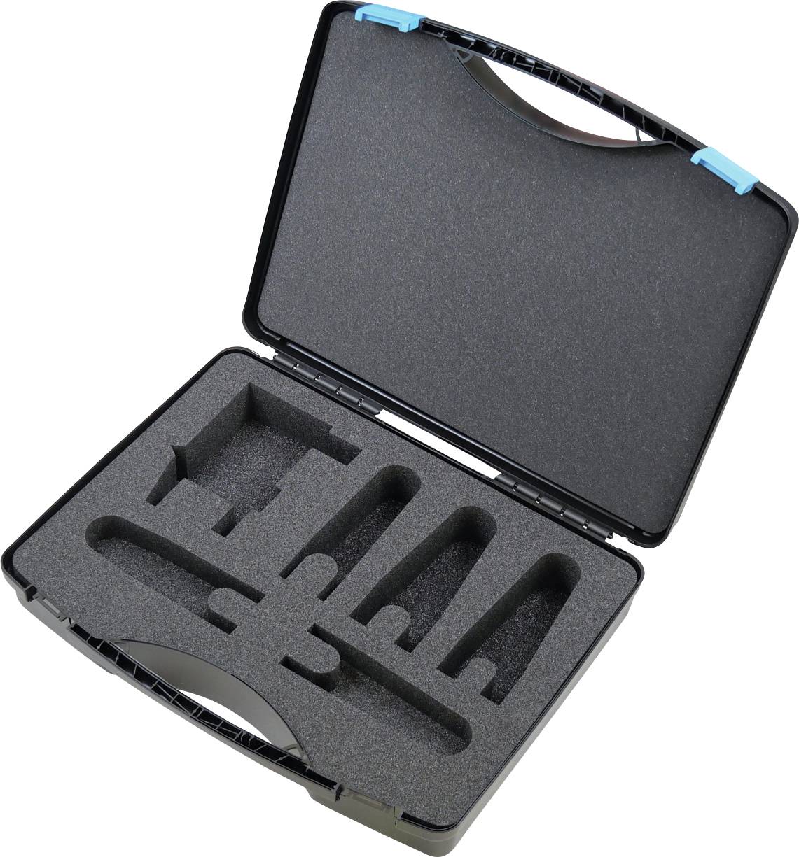 Ein offener schwarzer Transportkoffer mit Schaumstoffeinlagen, mit verschiedenen Fächern, die zum sicheren Verstauen verschiedener Gegenstände oder Werkzeuge konzipiert sind.