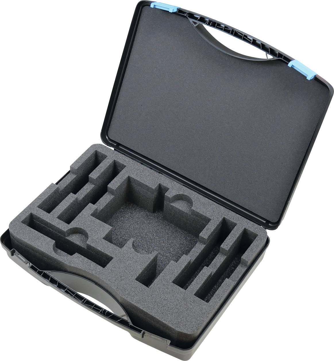 Ein offener schwarzer Transportkoffer mit maßgeschneiderten Schaumstoffen, die verschiedene Werkzeuge oder Ausrüstungen sicher halten, vor einem neutralen Hintergrund.