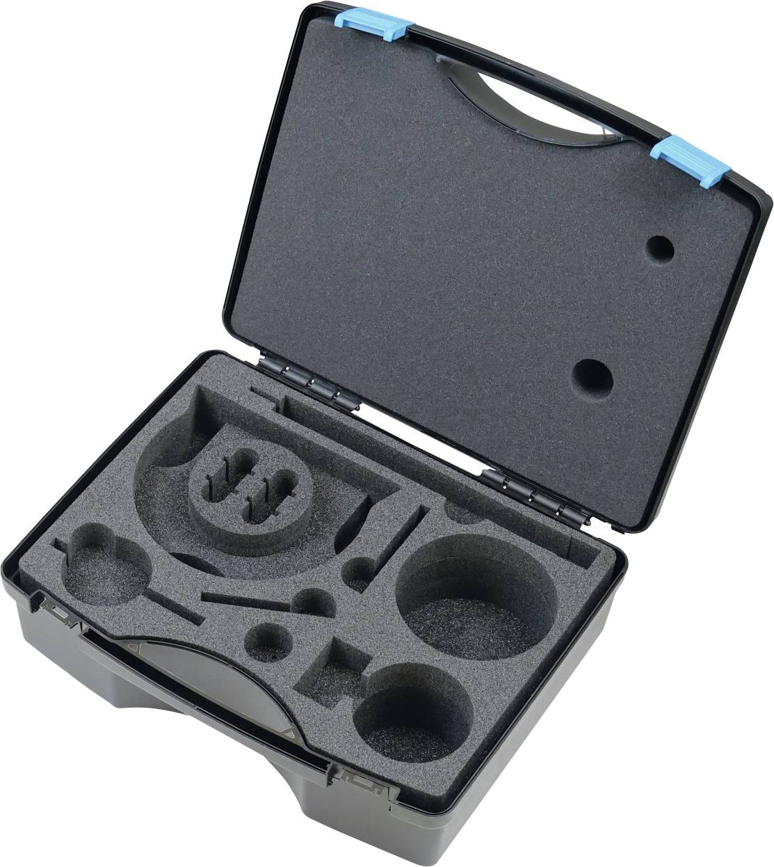 Ein offener schwarzer Transportkoffer mit benutzerdefinierten Schaumstoff-Einsätzen, mit verschiedenen Fächern, die speziell dafür ausgelegt sind, Werkzeuge oder Ausrüstung sicher zu halten.