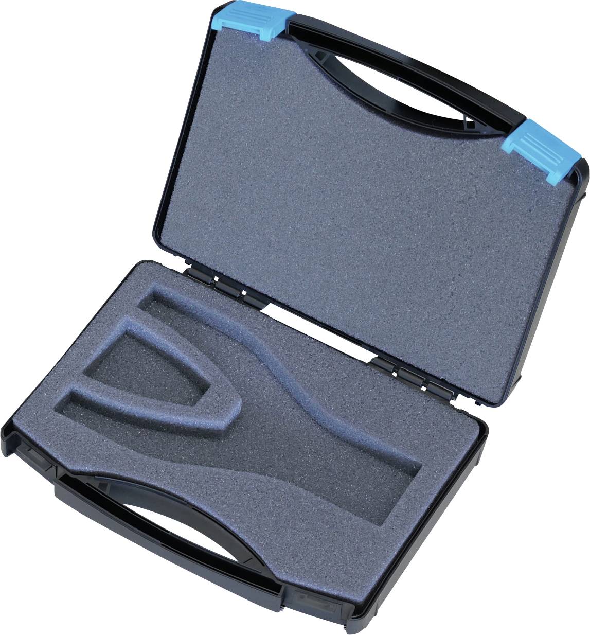 Ein leeres, offenes schwarzes Tragegehäuse mit maßgeschneidertem Schaumstoff-Einsatz, geformt zum Halten eines bestimmten Werkzeugs oder Geräts, auf weißem Untergrund platziert.