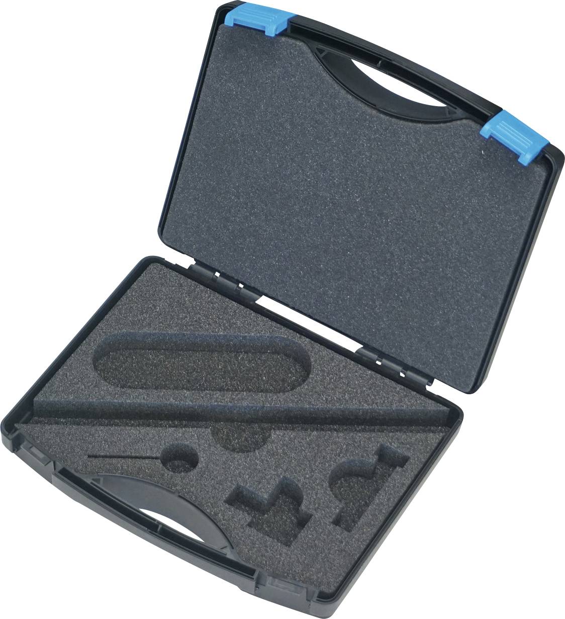 Offener schwarzer Transportkoffer mit maßgefertigten Schaumstoff-Einsatzfächern zur Werkzeugorganisation.