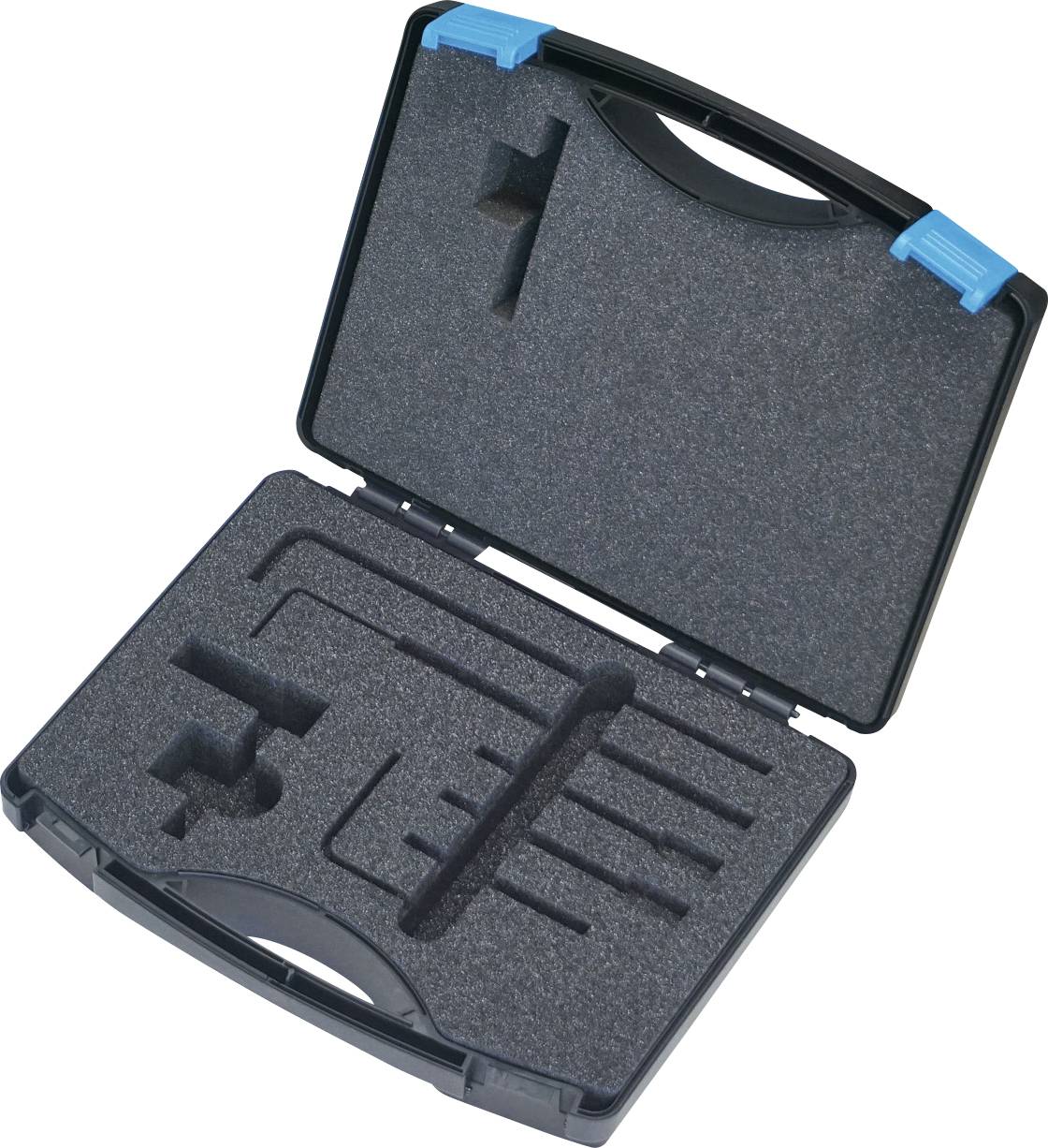 Ein offener schwarzer Transportkoffer mit maßgeschneidertem Schaumstoff-Einsatz mit ausgestanzten Aussparungen, der verschiedene Werkzeuge oder Ausrüstungen sicher halten soll und leere Plätze zeigt.