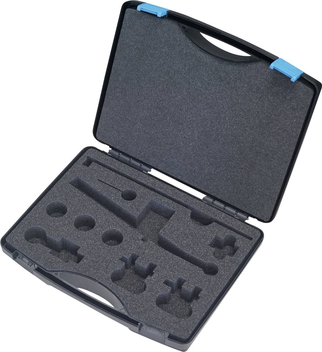 Ein offener schwarzer Transportkoffer mit einer Schaumstoffeinlage, die verschiedene geformte Ausschnitte für Werkzeuge oder Komponenten aufweist. Der Koffer ist leer.