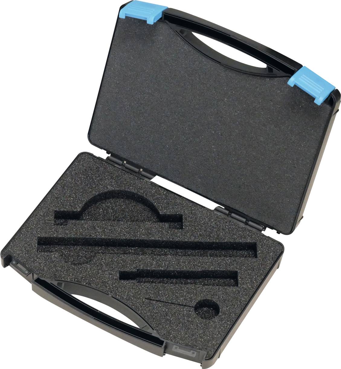Ein leerer schwarzer Transportkoffer mit Schaumstoffauskleidung und maßgefertigten Aussparungen für Werkzeuge oder Instrumente, ausgestattet mit zwei blauen Verschlüssen.