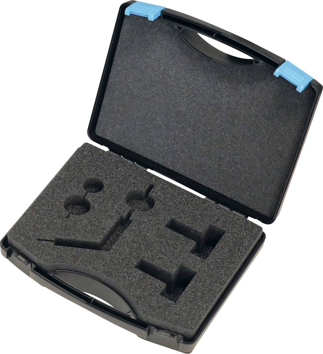 Ein offener schwarzer Transportkoffer mit Griff. Innen Schaumstoffpolsterung mit maßgeschneiderten Aussparungen zum sicheren Verstauen spezifischer Werkzeuge oder Ausrüstungen.