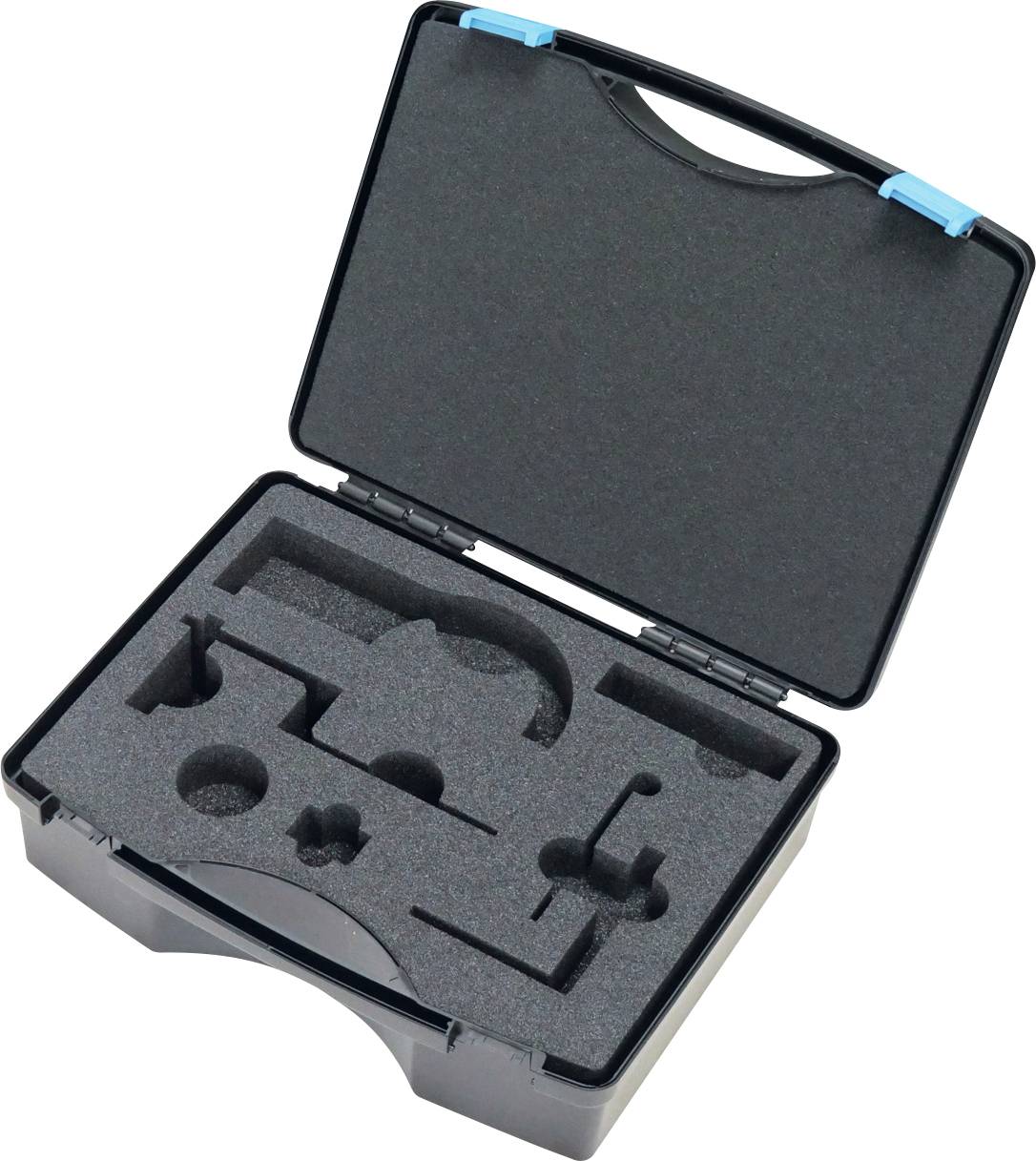 Ein offener schwarzer Kunststoff-Transportkoffer mit maßgefertigten Schaumstoffeinlagen, entworfen um spezifische Werkzeuge oder Ausrüstung sicher zu halten.