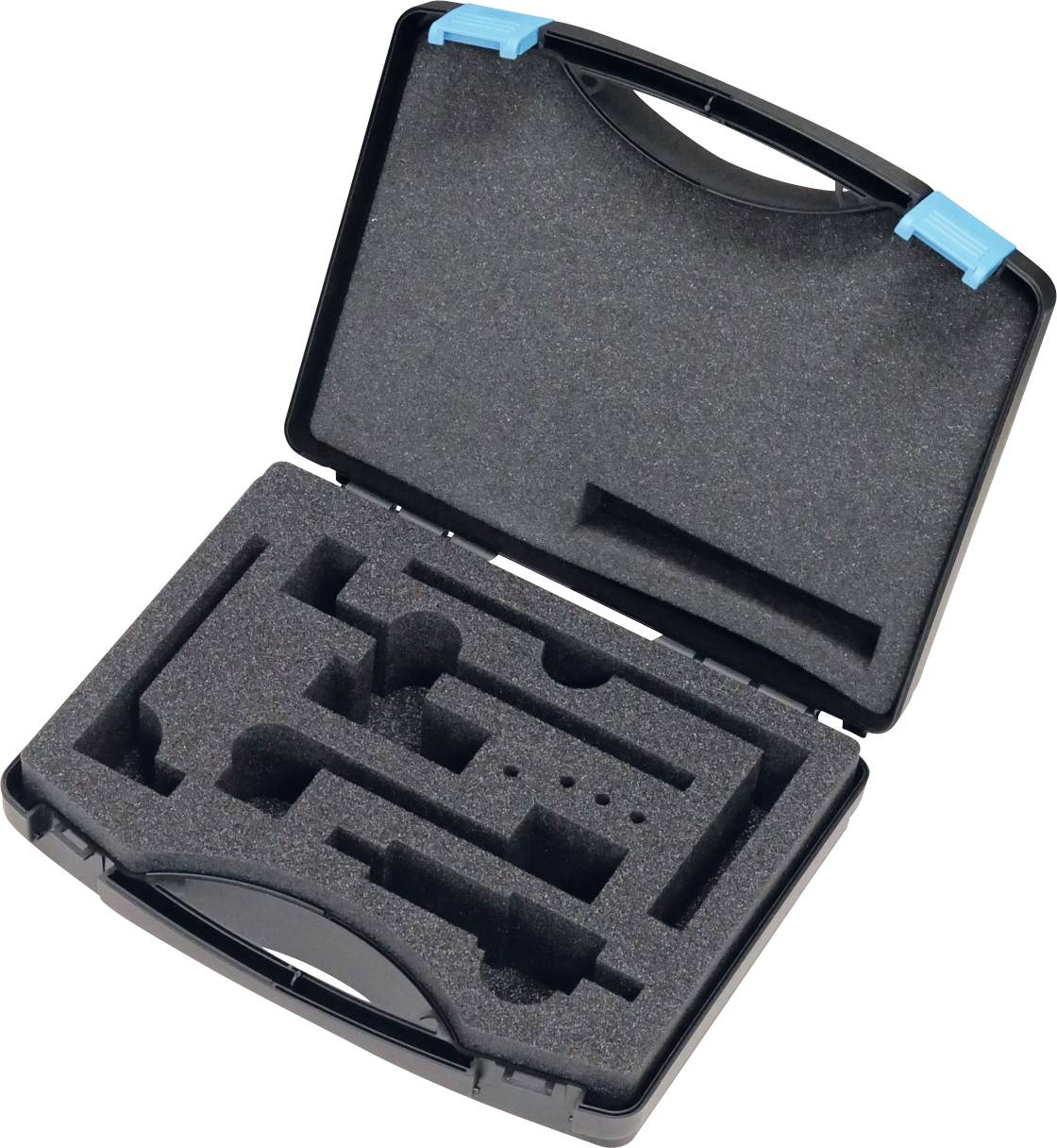Ein schwarzer Schaumstoffkoffer mit verschiedenen Aussparungen zum Lagern von kleinen Werkzeugen oder Geräten, offen mit blauen Verschlüssen an den Ecken.
