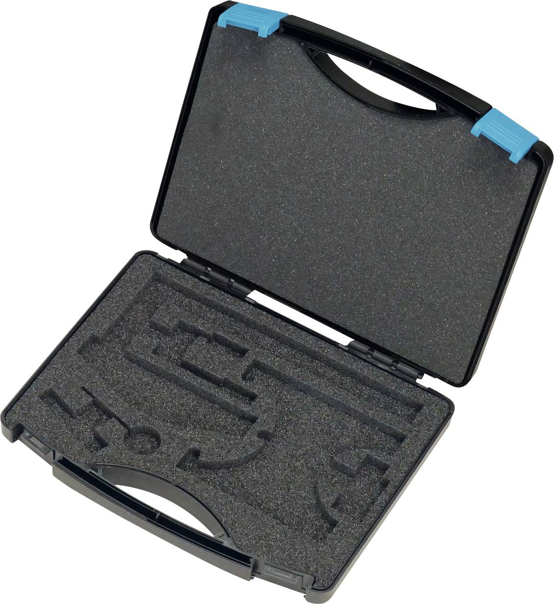 Ein offener schwarzer Tragekoffer mit Schaumstoffeinsatz, mit maßgeschneiderten Aussparungen für Werkzeuge oder Ausrüstung, mit blauen Eckenakzenten.