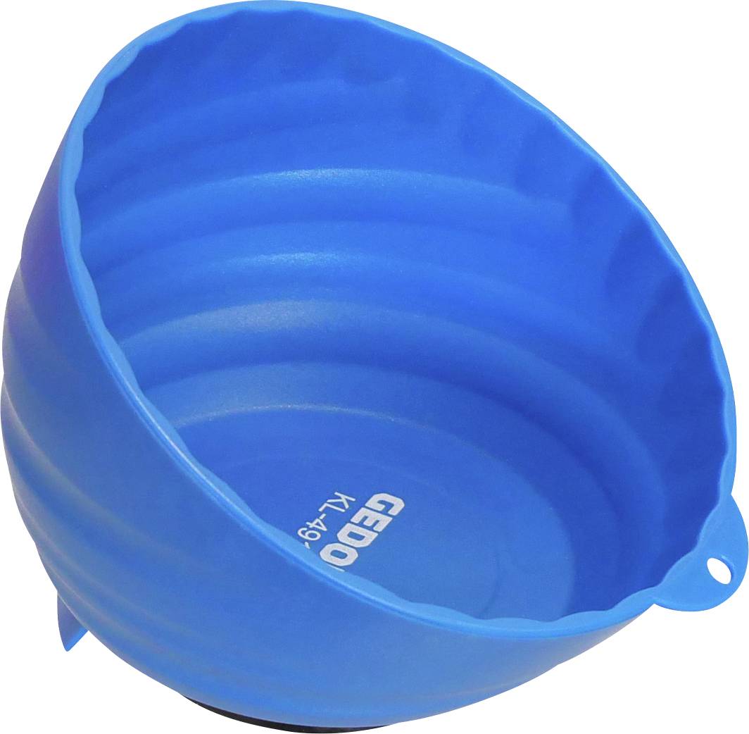 Eine blaue, zusammenklappbare Silikonschüssel mit Akkordeon-ähnlichen Seiten, mit der Bezeichnung „GEEDO KL 11g