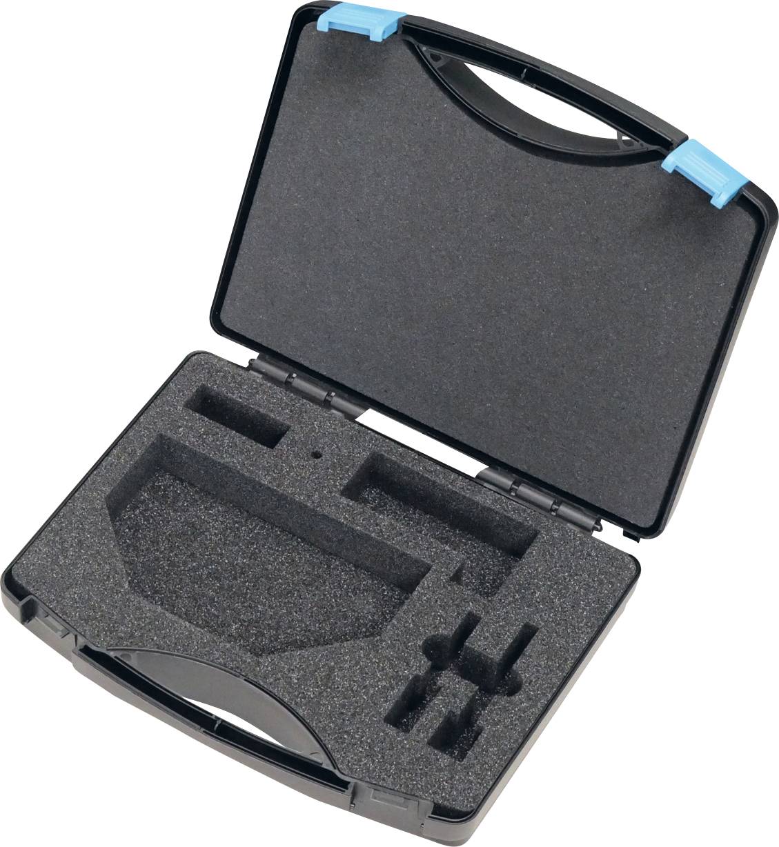 Ein offener schwarzer Kunststoffkoffer mit Griff und zwei blauen Verschlussspangen, mit leerer Innenausstattung.