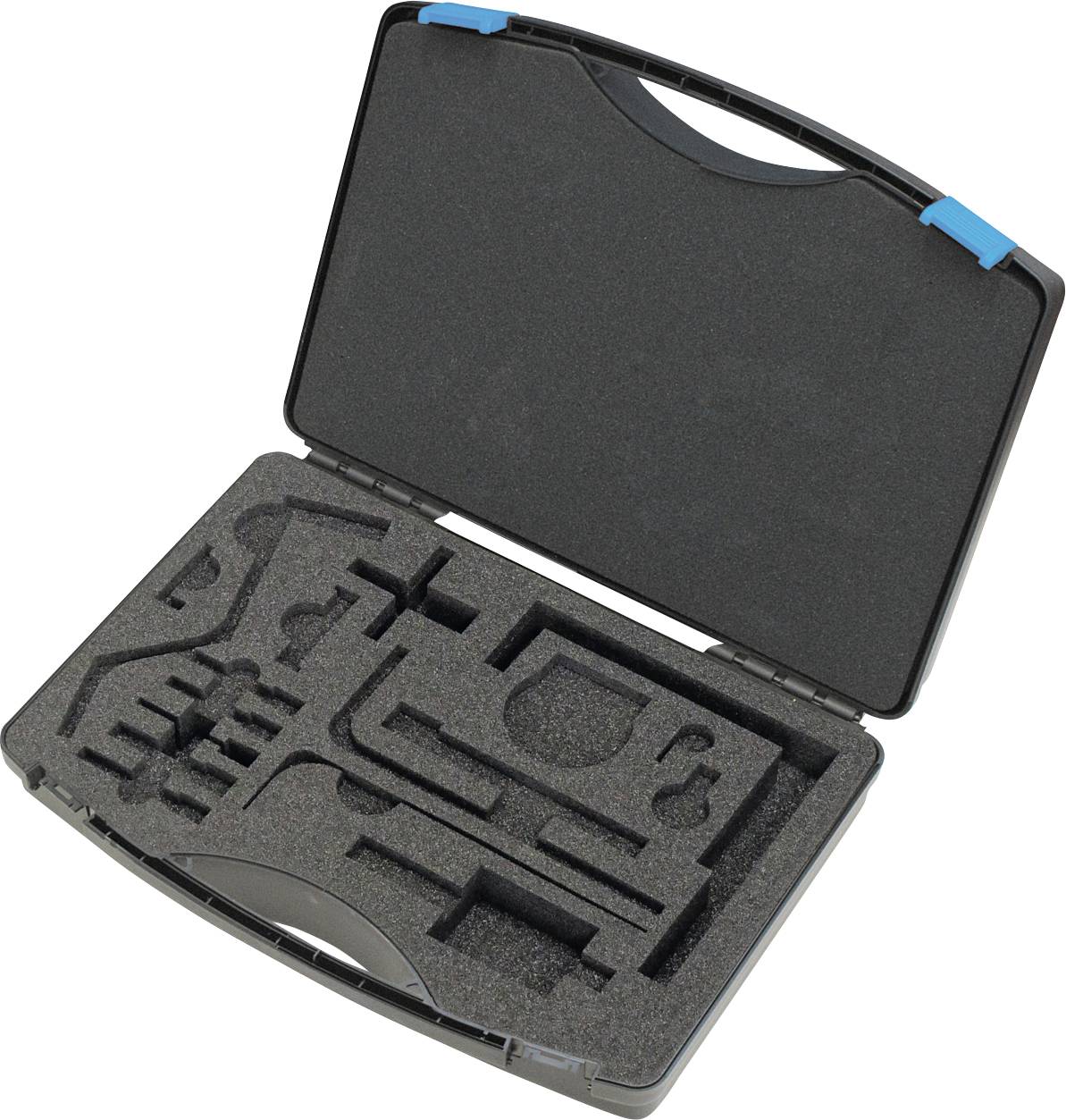 Ein offener schwarzer Tragekoffer mit maßgefertigten Schaumstoffeinlagen, entwickelt um verschiedene Gegenstände sicher zu halten, leer vor weißem Hintergrund gezeigt.