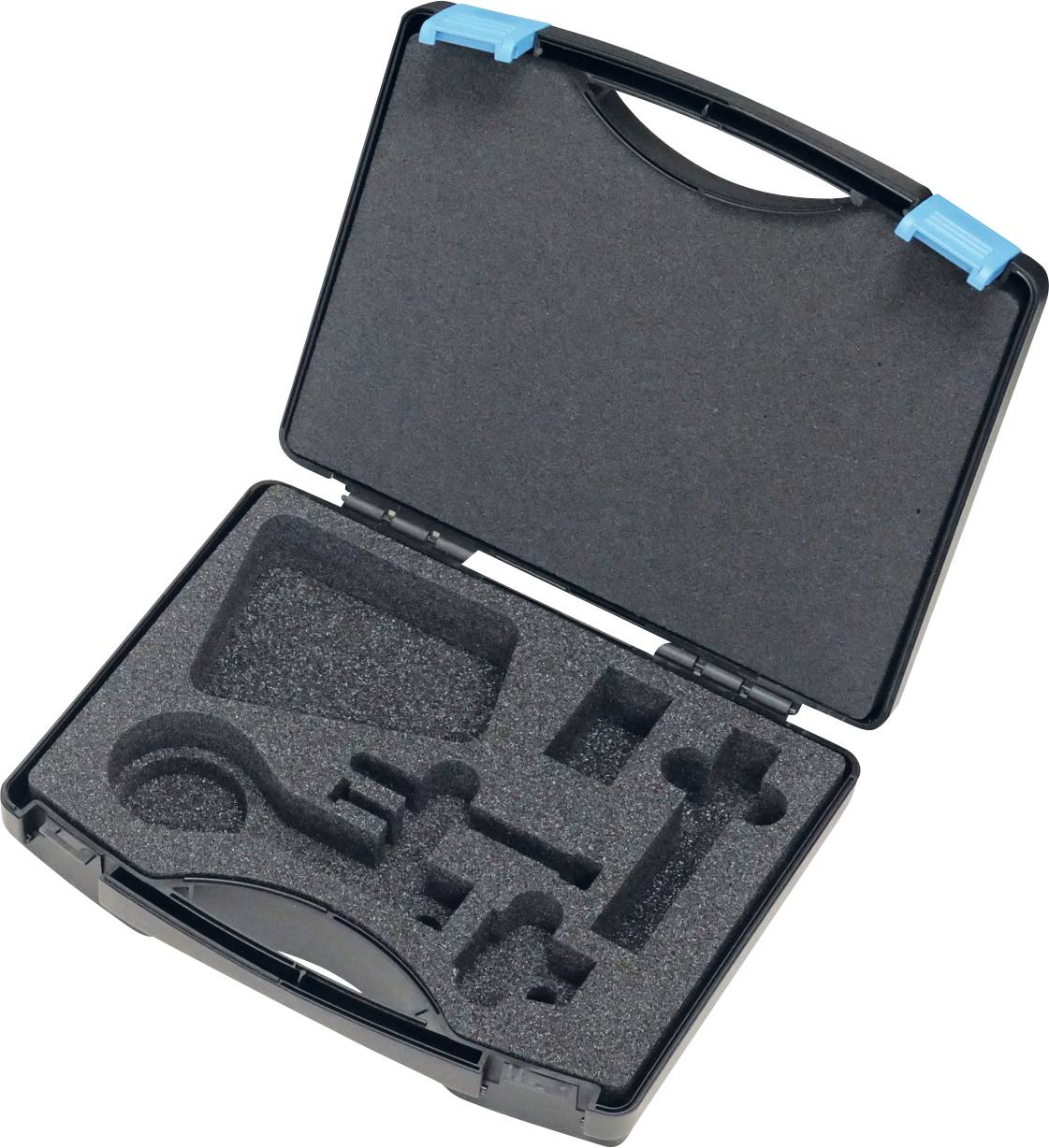 Ein offener schwarzer Transportkoffer mit maßgeschneiderten Schaumstoffeinsätzen, entworfen um spezifische Werkzeuge oder Ausrüstungen sicher zu halten.