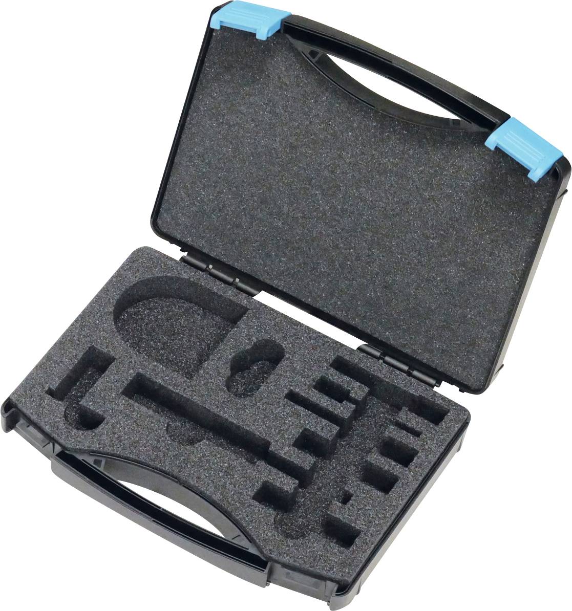 Offener schwarzer Transportkoffer mit Schaumstoffeinlage und blauen Verschlüssen, der leere Fächer zur Aufnahme spezifischer Werkzeuge oder Ausrüstungen zeigt.