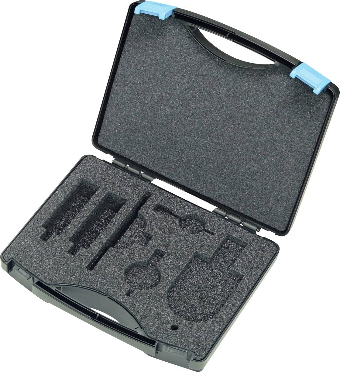 Eine schwarze Werkzeugkiste mit einem blauen Griff, auf deren Deckel der Markenname 