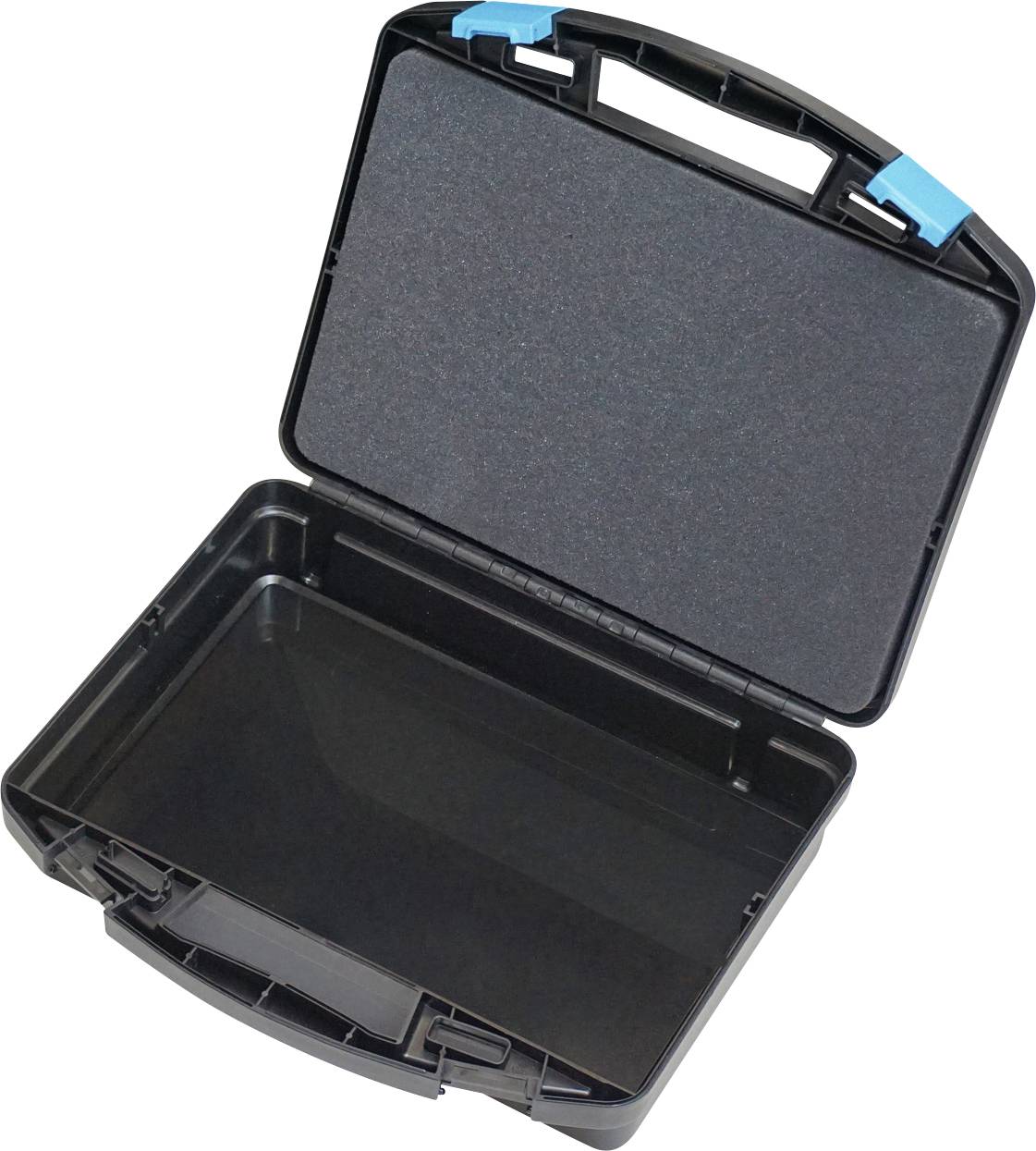 Ein offener schwarzer Hartschalenkoffer mit Griff, der ein leeres Inneres zeigt, und blaue Verschlüsse an den oberen Ecken für sichere Verschließung.