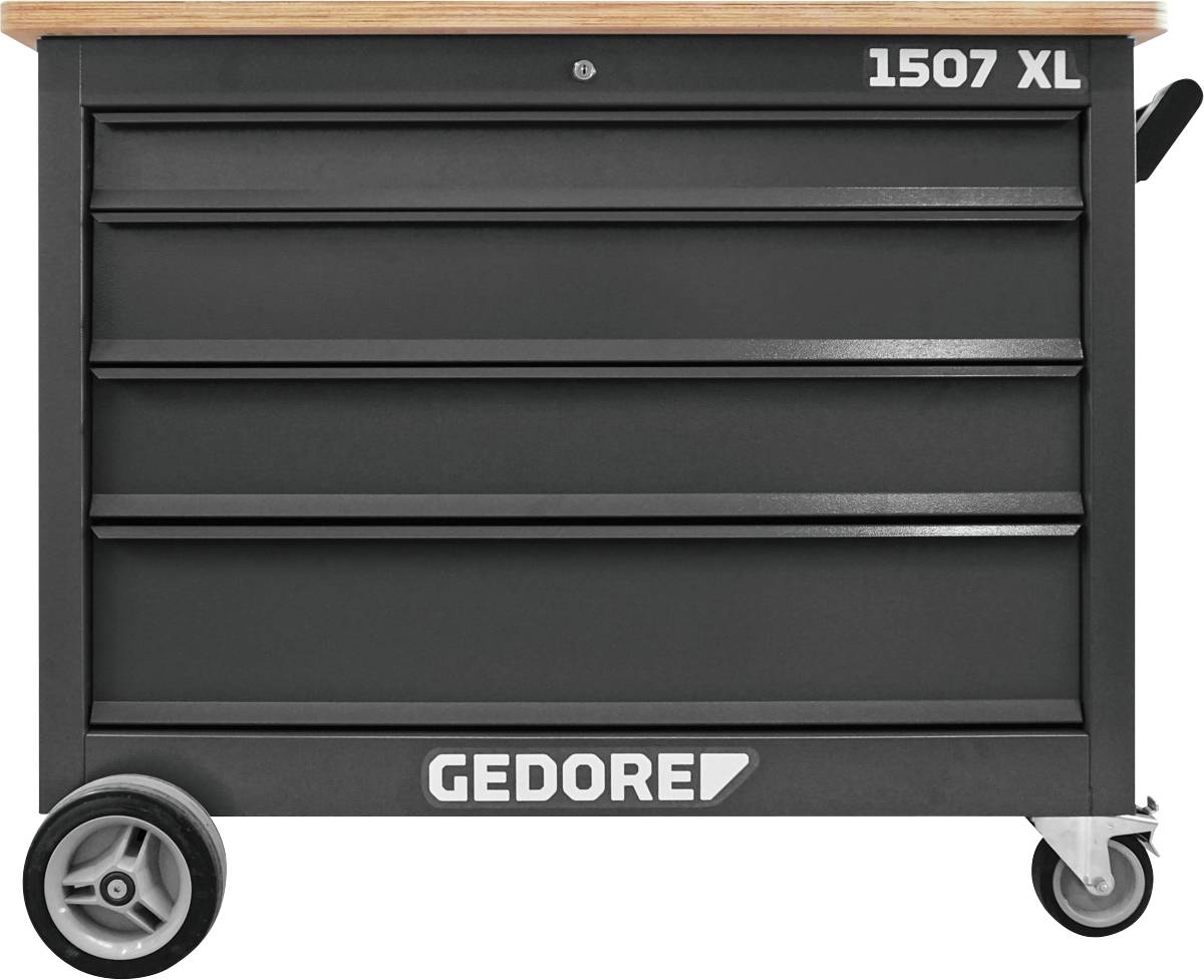 Eine schwarze Werkzeugkiste auf Rädern mit drei großen Schubladen und einer Holzplatte, gekennzeichnet mit 'GEDORE 1507 XL'.